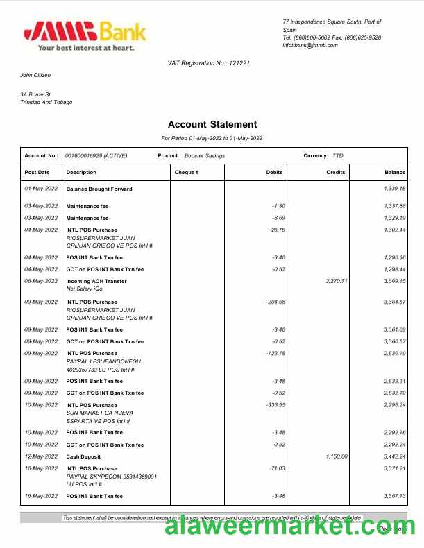 Spain JMMB bank statement Word and PDF template, 2 pages